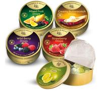 Cavendish & Harvey Premium Hard Candy Variety Pack - Mixed Fruit, Sour Lemon, Strawberry Filled, Creamy Butterscotch, and Wild Berry Flavors - 5 Pack, 175g-200g Tins