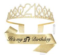 CAVETEE 21st Birthday Crown for Women, Gold Birthday Tiara and Sash for Women It's My 21 Birthday Sash Rhinestone Crown, Birthday Party Decorations, 21st Birthday Decorations for Women