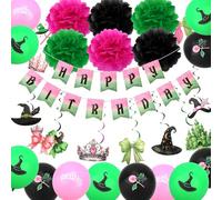 CAVETEE Pink and Green Party Decorations Set，Witch and Princess Happy Birthday Balloons, Pom Poms, Happy Birthday Banner, Hanging Swirls for Birthday Party