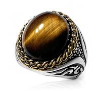 CAVIEA Mens Tiger Eye Ring, Vintage 316L Stainless Steel Biker Ring with Gold Rope Accent, Natural Gemstone Oval Signet Statement Ring, Cool Retro Gothic Jewelry, Metal, No Gemstone