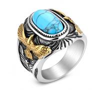 CAVIEA Mens Turquoise Ring Stainless Steel Two Tone Eagle Signet Ring, Southwestern Style Native American Inspired Oval Blue Stone Western Cowboy Biker Ring, Vintage Patriotic Jewelry for Men, Metal