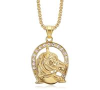 CAVIEA Sparkle Cowboy Bling CZ Horse U-shaped Pendant Necklace Carved Charm Western Necklace for Men,Horse Head Lucky Stainless Steel Chain Fashion Punk Delicate Necklace Statement Jewelry, Rhinestone