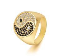 CAVIEA Sparkly Yin Yang Tai Chi Signet Ring for Men,14K Gold-plated Stainless Steel Iced Out Bling Fake Diamond Ring Anime Ba Gua Ring Biker Hip Hop Unique Cool Jewelry, Metal, Cubic Zirconia