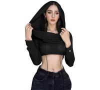 Caviotess Women Knitted Hoodie Sweater Vest Sexy Sleeveless Hollow Out Hooded Crop Top Streetwear Rave Oufit, X Black Long Sleeve, S