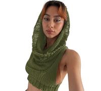 Caviotess Women Knitted Hoodie Sweater Vest Sexy Sleeveless Hollow Out Hooded Crop Top Streetwear Rave Oufit, Dark Green, Small