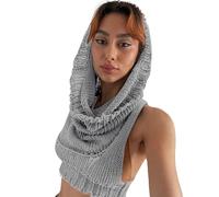 Caviotess Women Knitted Hoodie Sweater Vest Sexy Sleeveless Hollow Out Hooded Crop Top Streetwear Rave Oufit, Light Grey, Medium