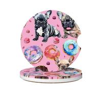 Cavizow Ceramic Car Coasters 2 Pack Dog French Bulldog Donuts Absorbent Car Coaster for Cup Holder Non Slip Drinks Coasters with Cork Base for Car