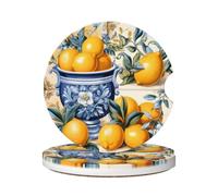 Cavizow Ceramic Car Coasters 2 Pack Yellow Blue Lemon Mexican Tiles Absorbent Car Coaster for Cup Holder Non Slip Drinks Coasters with Cork Base for Car