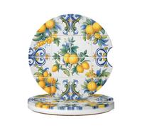 Cavizow Ceramic Car Coasters 2 Pack Yellow Lemon Blue Mexican Paisley Tiles Absorbent Car Coaster for Cup Holder Non Slip Drinks Coasters with Cork Base for Car