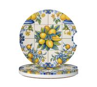 Cavizow Ceramic Car Coasters 2 Pack Yellow Lemon Blue Paisley Tiles Absorbent Car Coaster for Cup Holder Non Slip Drinks Coasters with Cork Base for Car