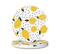 Cavizow Ceramic Car Coasters 2 Pack Yellow Lemon Pattern Absorbent Car Coaster for Cup Holder Non Slip Drinks Coasters with Cork Base for Car