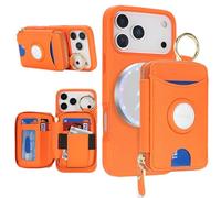 Cavor Compatible with MagSafe for iPhone 17 Pro Max Wallet Case with AirTag Holder，2 in 1 PU Leather Magnetic Detachable Card Holder Ring Kickstand Zipper Phone Case for Women Men-Orange