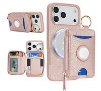 Cavor Compatible with MagSafe for iPhone 17 Pro Wallet Case with AirTag Holder，2 in 1 PU Leather Magnetic Detachable Card Holder Ring Kickstand Zipper Phone Case for Women Men-Rose Gold