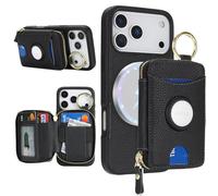 Cavor Compatible with MagSafe for iPhone 17 Pro Wallet Case with AirTag Holder，2 in 1 PU Leather Magnetic Detachable Card Holder Ring Kickstand Zipper Phone Case for Women Men-Black