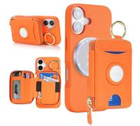 Cavor Compatible with MagSafe for iPhone 17 Wallet Case with AirTag Holder，2 in 1 PU Leather Magnetic Detachable Card Holder Ring Kickstand Zipper Phone Case for Women Men-Orange