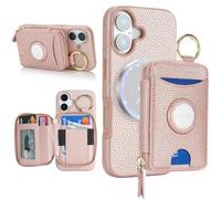 Cavor Compatible with MagSafe for iPhone 17 Wallet Case with AirTag Holder，2 in 1 PU Leather Magnetic Detachable Card Holder Ring Kickstand Zipper Phone Case for Women Men-Rose Gold