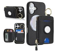 Cavor Compatible with MagSafe for iPhone 17 Wallet Case with AirTag Holder，2 in 1 PU Leather Magnetic Detachable Card Holder Ring Kickstand Zipper Phone Case for Women Men-Black