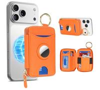 Cavor Compatible with MagSafe Wallet with Airtag Holder, Magnetic Airtag Wallet for iPhone 17/16/15/14/13/12 Series, Magnetic Phone Card Holder with Stand and Keychain Ring-Orange