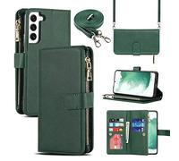 Cavor Crossbody Case Samsung Galaxy S22+ 5G With Strap,Flip Leather Wallet Case,[9 Slots][Magnetic closure][Detachable Lanyard],Protective Phone Case Cover for Samsung Galaxy S22 Plus 5G - Dark Green
