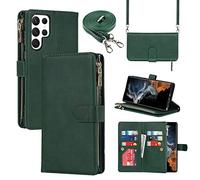 Cavor Crossbody Case Samsung Galaxy S22 Ultra 5G With Strap,Flip Leather Wallet Case,[9 Slots][Magnetic closure][Detachable Lanyard],Protective Phone Case Cover for Samsung S22 Ultra 5G - Dark Green