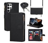 Cavor Crossbody Case Samsung Galaxy S22 Ultra 5G With Strap,Flip Leather Wallet Case,[9 Slots][Magnetic closure][Detachable Lanyard],Protective Phone Case Cover for Samsung S22 Ultra 5G - Black