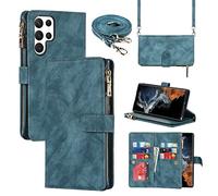 Cavor Crossbody Case Samsung Galaxy S22 Ultra 5G With Strap,Flip Leather Wallet Case,[9 Slots][Magnetic closure][Detachable Lanyard],Protective Phone Case Cover for Samsung S22 Ultra 5G - Light Blue