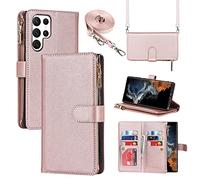 Cavor Crossbody Case Samsung Galaxy S22 Ultra 5G With Strap,Flip Leather Wallet Case,[9 Slots][Magnetic closure][Detachable Lanyard],Protective Phone Case Cover for Samsung S22 Ultra 5G - Rose Gold