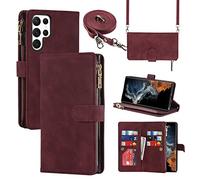 Cavor Crossbody Case Samsung Galaxy S22 Ultra 5G With Strap,Flip Leather Wallet Case,[9 Slots][Magnetic closure][Detachable Lanyard],Protective Phone Case Cover for Samsung S22 Ultra 5G - Red