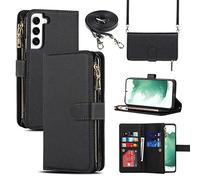 Cavor Crossbody Samsung S22 Case With Card Holder With Strap,Flip Leather Wallet Case,[9 Card Holder] Zipper Detachable Lanyard Phone Case Cover for Women for Samsung Galxay S22 - Black