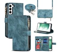Cavor Crossbody Samsung S22 Case With Card Holder With Strap,Flip Leather Wallet Case,[9 Card Holder] Zipper Detachable Lanyard Phone Case Cover for Women for Samsung Galxay S22 - Light Blue