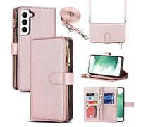 Cavor Crossbody Samsung S22 Case With Card Holder With Strap,Flip Leather Wallet Case,[9 Card Holder] Zipper Detachable Lanyard Phone Case Cover for Women for Samsung Galxay S22 - Rose Gold