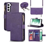 Cavor Crossbody Samsung S22 Case With Card Holder With Strap,Flip Leather Wallet Case,[9 Card Holder] Zipper Detachable Lanyard Phone Case Cover for Women for Samsung Galxay S22 - Purple