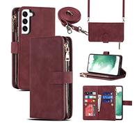 Cavor Crossbody Samsung S22 Plus Case With Card Holder With Strap,Flip Leather Wallet Case,[9 Card Holder] Zipper Detachable Lanyard Phone Case Cover for Women for Samsung Galaxy S22 Plus - Red