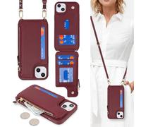Cavor for iPhone 15 Case with Card Holder,iPhone 15 Wallet Case for Women,Phone Case iPhone 15 Case with Strap,Crossbody Lanyard and Wristlet,Leather Zipper Pocket Case-Wine red