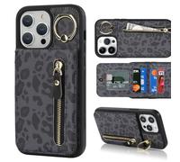 Cavor Handyhülle Kompatibel mit iPhone 14 Pro Max Hülle,Flip Leder Geldborse Hülle,[4 Kartenfach][Mit Ring][Reißverschluss],Klapphülle Handytasche - Schwarz Leopard