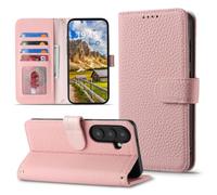 CAVOR Mobile Phone Case Compatible with Samsung Galaxy S26 Case, Flip Genuine Leather Wallet Case, 4 Card Slots, Buckle, RFID Blocker, Flip Case Mobile Phone Case - Pink