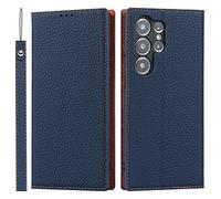Cavor Phone Case compatible with Samsung Galaxy S23 Ultra with strap,Genuine Leather Flip Wallet Case,[4 Card Holders][Magnetic][RFID-Blocking][Lanyard],Protective Case Cover - Dark Blue