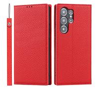 Cavor Phone Case compatible with Samsung Galaxy S23 Ultra with strap,Genuine Leather Flip Wallet Case,[4 Card Holders][Magnetic][RFID-Blocking][Lanyard],Protective Case Cover - Red