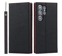 Cavor Phone Case compatible with Samsung Galaxy S23 Ultra with strap,Genuine Leather Flip Wallet Case,[4 Card Holders][Magnetic][RFID-Blocking][Lanyard],Protective Case Cover - Black