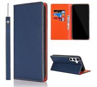 Cavor Phone Case compatible with Samsung Galaxy S25 Case,Genuine Leather Flip Wallet Case,[3 Card Holders][Magnetic][RFID-Blocking][Lanyard],Protective Cover Case - Dark Blue