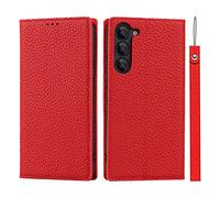 Cavor Samsung S23 Case,Genuine Leather Flip Wallet Case,[3 Card Holders][Magnetic][RFID-Blocking][Lanyard],Protective Cover Phone Case for Samsung Galaxy S23 - Red