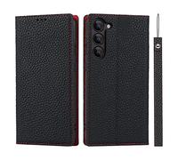 Cavor Samsung S23 Case,Genuine Leather Flip Wallet Case,[3 Card Holders][Magnetic][RFID-Blocking][Lanyard],Protective Cover Phone Case for Samsung Galaxy S23 - Black