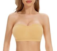 Cavotor Strapless Push Up Bra for Women Bandeau Bra Padded Stay Up Non-Slip Silicone Supportive Strapless Bras for Bigger Bust Non Wired Comfort Bralette (Beige,XL)
