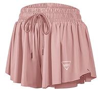 Cavotor Womens 2 in 1 Flowy Running Sports Shorts with Pocket Butterfly Athletic Workout Biker Shorts Gym Yoga Tennis Skirts (Pink,2XL)