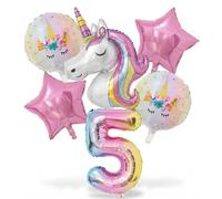 CavspkArt 6Pcs Unicorn Balloons Set, Self Standing 3D Unicorn, Large Number 6, Star Foil Balloons for Girls 6th Birthday Party Decorations Kit, Purple Pink Rainbow Theme (Number 5)