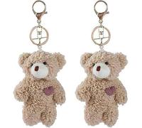 Cawhui 2Pcs Brown Bear Pink Heart Mini Plush Keychain, Plush Keychain Soft Cotton Key Chain DIY Keychain Crafts Stuffed Animals, Car Accessories