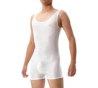 Caxndycing Bodysuit Men's Oil Shine Body Sleeveless Jumpsuit with Bulge Pouch One Piece Compression Underwear Sports Jersey Leotard Stretch Overall Plain Shiny Men's Bodysuit, White, XL