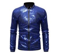 Caxndycing Bomber Jacket Men's Glitter College Baseball Jacket Sequin Jacket with Zip Shiny Lightweight Stand-Up Collar Jacket Party Disco Blouson Jacket Shiny Sparkly Transition Jacket, blue, XL