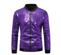 Caxndycing Bomber Jacket Men's Metallic Sequin Jacket for Performance Halloween Party Night Clubs Disco Shiny Sparkly Glitter Sequins Bomber Jacket Lightweight Shiny Clubwear Men's Jacket, Purple 01,
