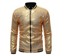 Caxndycing Bomber Jacket Men's Metallic Sequin Jacket for Performance Halloween Party Night Clubs Disco Shiny Sparkly Glitter Sequins Bomber Jacket Lightweight Shiny Clubwear Men's Jacket, gold, XL